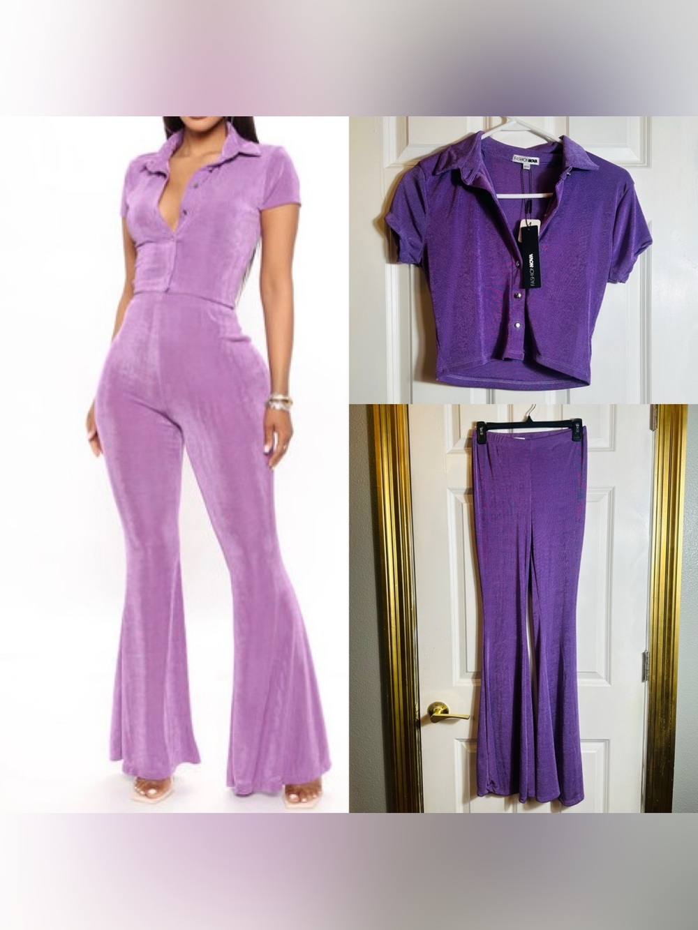 Fashion Nova Purple Velour Short Sleeve Collared Top & Flared Pants Set